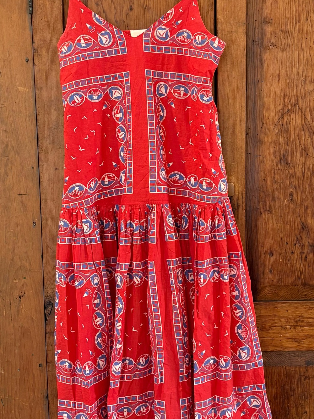 THE GREAT. Red Printed Sleeveless Maxi Dress with Blue & White Accents